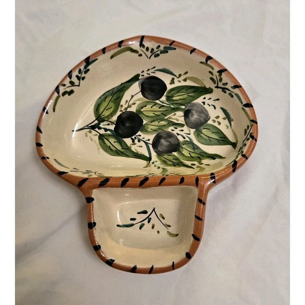 Vintage Casafina Olive dish With Sidecar Hand Painted, Signed Portugal Pottery.
